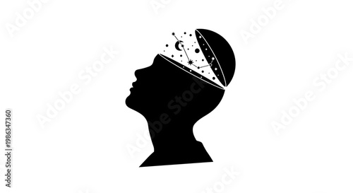 Black silhouette of a person's head with a celestial pattern.