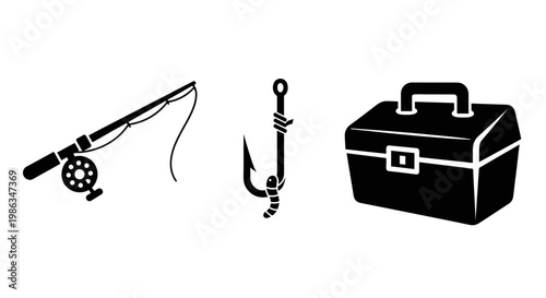 Fishing equipment vector icons set: angling rod, sharp hook, and tackle box. Essential tools for fishing hobby and outdoor recreation.