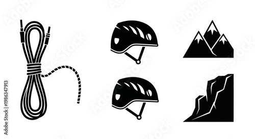Climbing and Mountaineering Gear Icons Set: Rope, Helmets, Mountains, and Rock Cliff Silhouettes for Outdoor Adventure Safety