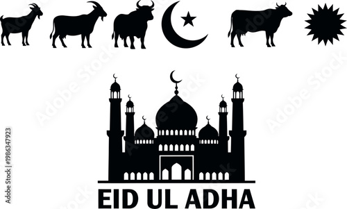 Eid al adha illustration goats crescent moon mosque and festive text