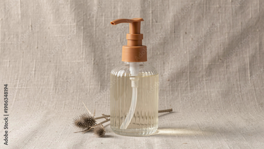 Fototapeta premium A dried flower sits next to a bottle of liquid, great for use in still life or nature photography