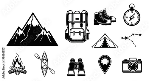 Outdoor Adventure and Camping Icons Set. Collection of Hiking, Travel, and Exploration Symbols Including Mountains, Backpack, Tent, and Campfire.