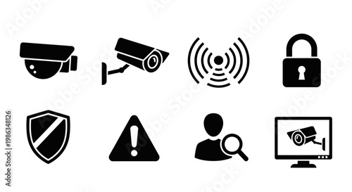 Cyber Security and Surveillance Technology Icons Set. Safety, Data Protection, Privacy, CCTV Cameras, Wireless Network & Monitoring.