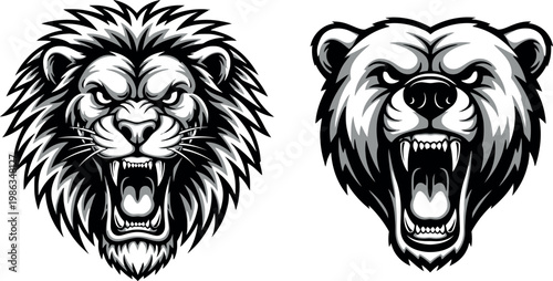 Fierce Roaring Lion and Bear Head Mascot Set in Black and White Engraving Style for Sports Team Logo, Tattoo, and Aggressive Animal Graphic Design Projects