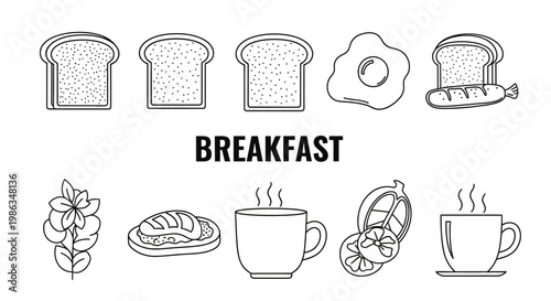 Minimalist Vector Line Art Breakfast Icons Collection with Toast, Fried Egg, Hot Coffee, Tea, and Morning Meal Elements