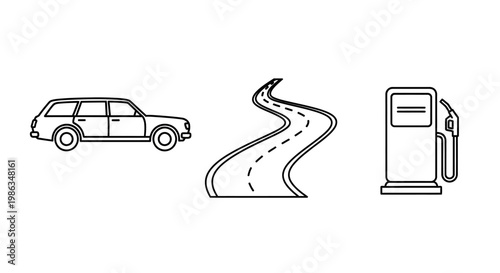 Outline vector icons set: station wagon car, winding road, and gas pump. Transport and travel journey concept illustration.
