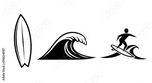 Set of surfing vector icons including a surfboard, a powerful ocean wave, and a silhouette of a person riding a wave.