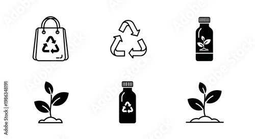 Set of Ecology and Sustainability Icons featuring Recycling Symbols, Eco-friendly Bag, Plant Seedlings, and Organic Product Bottles