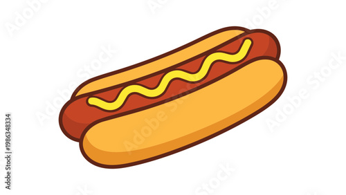 Hot dog vector icon illustration featuring a classic sausage in a soft long bun with a swirl of yellow mustard, modern flat design style isolated on white background for food and snack concepts.