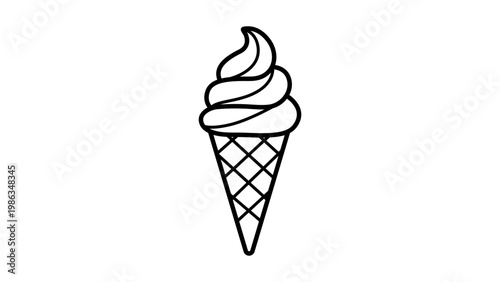 Minimalist Ice Cream Cone Vector Icon with Editable Stroke. Hand-drawn black line illustration of a delicious soft serve waffle cone on white background. Scalable graphic for summer food design.