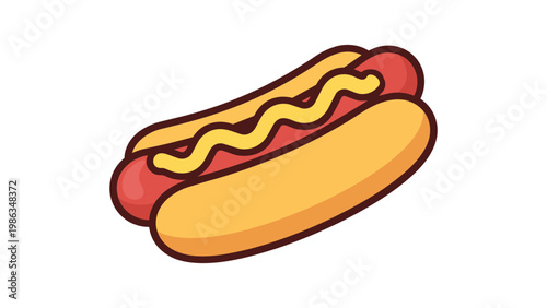 Modern flat hot dog vector icon illustration of a classic American fast food sausage in a long bun topped with yellow mustard, isolated on a white background for clean graphic design projects.