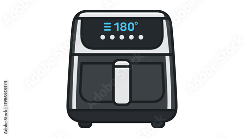 Modern air fryer vector icon illustration. Sleek kitchen appliance for healthy oil-free cooking, featuring a digital temperature display and minimalist flat design isolated on white background.
