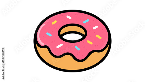 Modern flat vector illustration of a delicious donut with pink strawberry glaze and colorful sprinkles, isolated on a white background. Clean, scalable SVG icon for food, bakery, and dessert designs.