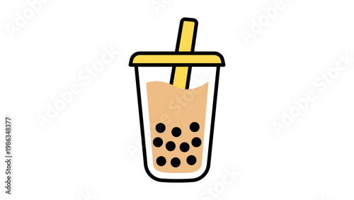 Modern flat vector icon illustration of a tall cup of bubble tea with milk tea, black tapioca pearls, a lid, and a thick straw, isolated on a white background for minimalist graphic design.