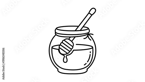 Minimalist Honey Jar with Dipper Editable Stroke Vector Icon. Hand-drawn Outline Illustration of a Round Glass Jar Filled with Sweet Organic Honey, Perfect for Food Branding and Healthy Lifestyle.