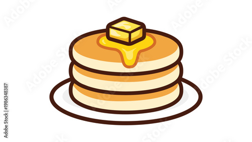 Pancake stack vector icon illustration featuring a neat stack of three fluffy golden brown pancakes on a white plate, topped with a melting pat of butter and dripping maple syrup. Modern flat design.