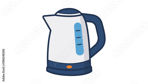 Modern electric kettle vector icon illustration. Clean minimalist flat design of a cordless water boiler for tea and coffee, featuring a blue handle, water level window, and orange power light.