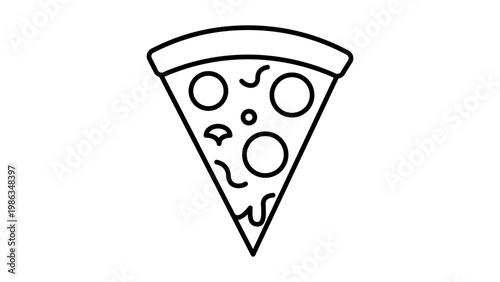 Minimalist Pizza Slice Vector Icon with Editable Stroke featuring a hand-drawn black line art illustration of a triangular slice with pepperoni and toppings on a white background, scalable SVG.