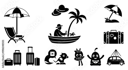 Diverse Travel and Vacation Icons Set with Beach Scenes, Luggage, and Fun Cartoon Characters for Holiday Concepts