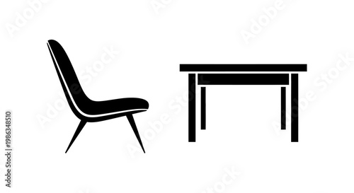 Minimalist black silhouette icon of a modern lounge chair and rectangular table, clean vector graphic illustration for design.