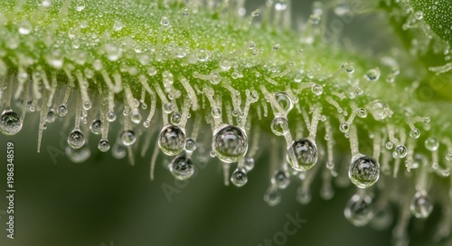 Close-up view of cannabis trichomes glistening with dew drops