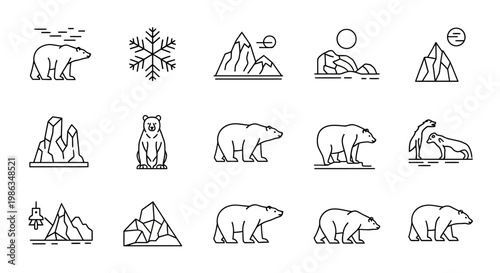 Outline Vector Icons Set: Polar Bears, Arctic Animals, Winter Landscape, Icebergs, Mountains, Snowflakes. Minimalist Cold Climate Elements.