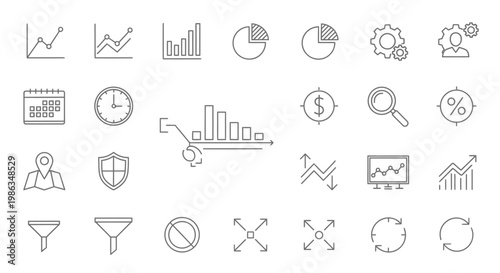 Business and data analytics line icons set. Collection of outline symbols for charts, graphs, finance, statistics, and web interface elements.