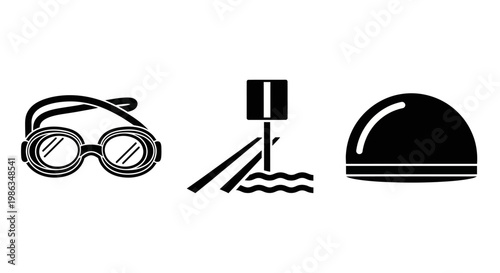 Swimming Gear and Accessories Icons Set: Goggles, Cap, and Buoy for Aquatic Sports, Water Activities, and Training