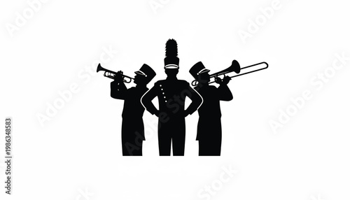 Trumpet musician silhouette icon set with black concert band figures and instruments for musical performance logos