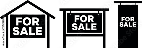 Three black and white 'for sale' signs on a white background