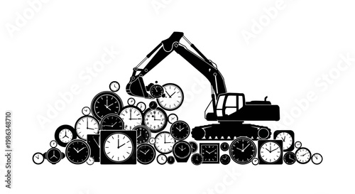 Excavator amidst a pile of various clocks.