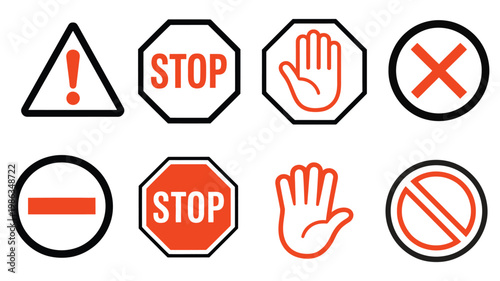 Prohibition and warning icons set stop signs caution triangle hand symbols no entry safety signage, restriction and hazard alert system concept vector