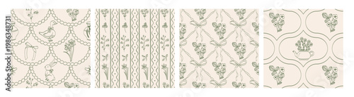 Cottagecore seamless patterns with floral, animals and decorative elements. Elegant line art in soft green palette. Editable stroke. Perfect for fabric, packaging, wallpaper, stationery and branding.