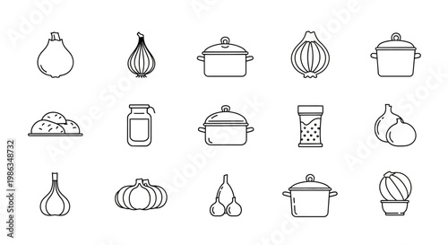 Collection of various kitchen and cooking line art icons featuring vegetables, pots, and spices for food preparation