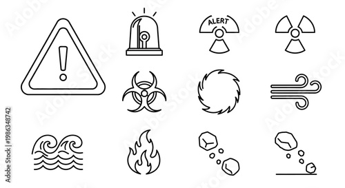 Outline Hazard and Warning Icons Set. Disaster, alert, biohazard, radiation, fire, flood, wind, landslide vector symbols.