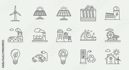 Set of linear icons representing sustainable energy, environmental protection, and industrial pollution. Ecology and renewable power concepts.