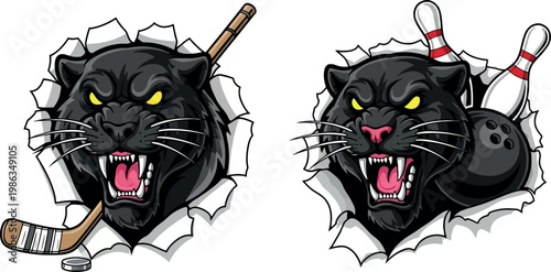 Fierce Black Panther Mascot Breaking Through Wall with Hockey and Bowling Sports Equipment for Team Logo, Badge, and Athletic Graphic Design Projects