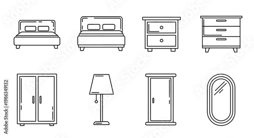 Bedroom Furniture Outline Icons Set. Modern Line Art Vector Collection of Home Interior Elements: Bed, Nightstand, Wardrobe, Lamp, Mirror.