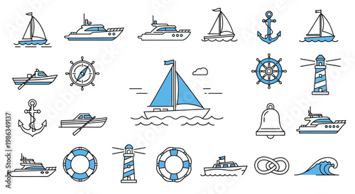 Nautical and Marine Icon Set with Boats, Sailboats, Yachts, Anchors, and Lighthouses. Sea Transport Vector Collection.
