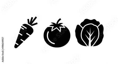Simple black vector icons of fresh vegetables: carrot, tomato, and cabbage silhouettes. Healthy eating, vegan food, and produce symbols.