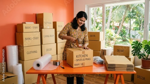 Female homeowner packing moving boxes labeled kitchen and living room at home for moving and organization background and relocation checklist