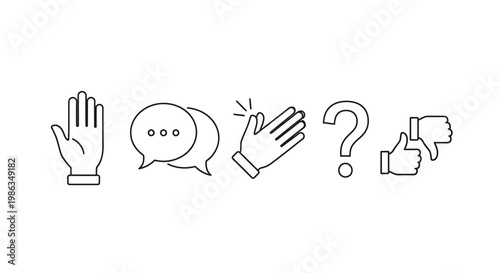 Minimalist line art icons depicting communication, feedback, and interaction symbols including hand gestures and speech bubbles.