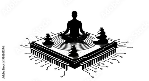 A person meditates on a microchip with trees.
