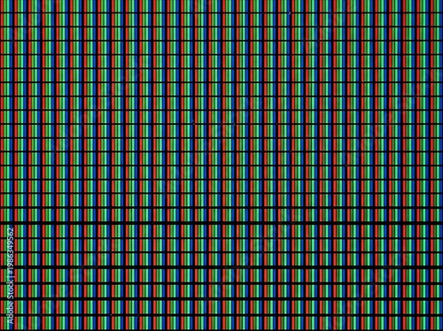 IA generated, extreme macro photography of a digital screen display showing a vibrant grid of RGB pixels and sub-pixels creating a technical textured pattern with multicolored light dots.