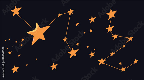 Hand-drawn aesthetic illustration of star constellations in warm orange and yellow tones on a black background. Minimalist celestial sky with twinkling stars and connected lines. Great for zodiac them