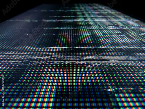 IA generated, extreme macro photography of a digital screen display showing a vibrant grid of RGB pixels and sub-pixels creating a technical textured pattern with multicolored light dots.