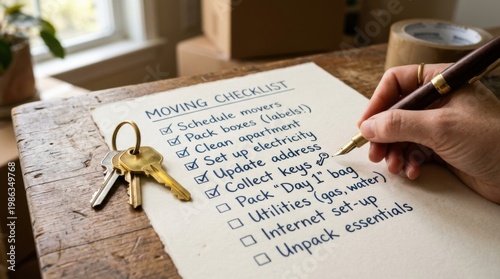 Handwritten moving checklist on paper with house keys on wooden table for relocation planner background and organization