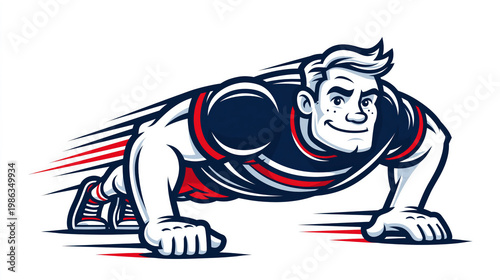 Vintage retro mascot illustration of a strong muscular man doing a fast push-up isolated on white created with Generative AI Technology, ai, generative