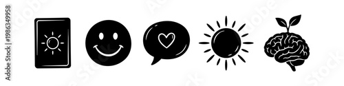 Mental health and wellness icon set featuring a sun, smiley face, heart speech bubble, and brain with plant sprout. Concepts of positivity, growth, mindfulness, and emotional well-being.