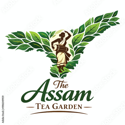 The Assam Tea Garden logo with tea leaves forming a natural shape and a silhouette of a tea picker, symbolizing organic farming, agriculture, and premium tea quality